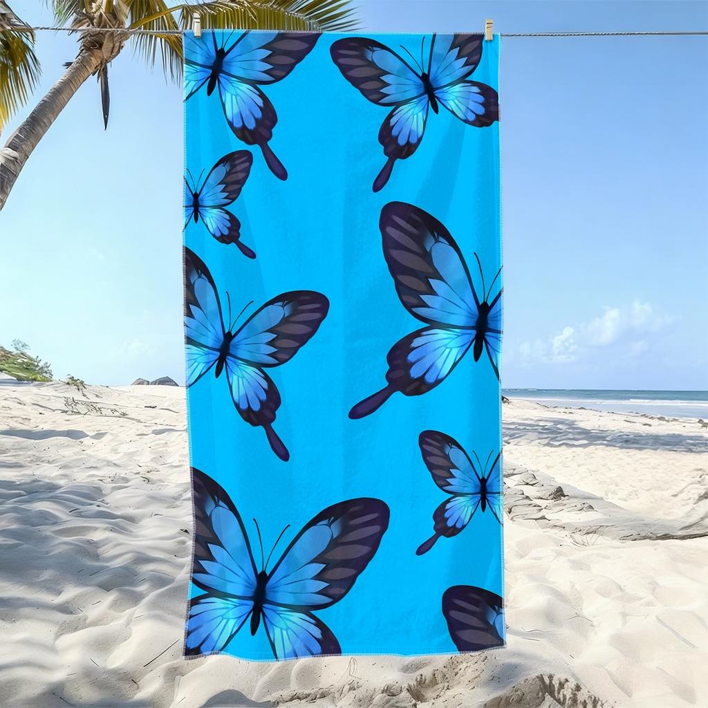 1Pc Microfiber Beach Towel Waterproof Sandproof 2D Flat Printed Blue Butterfly Summer Vacation Pool Lounge Chair Blanket Travel