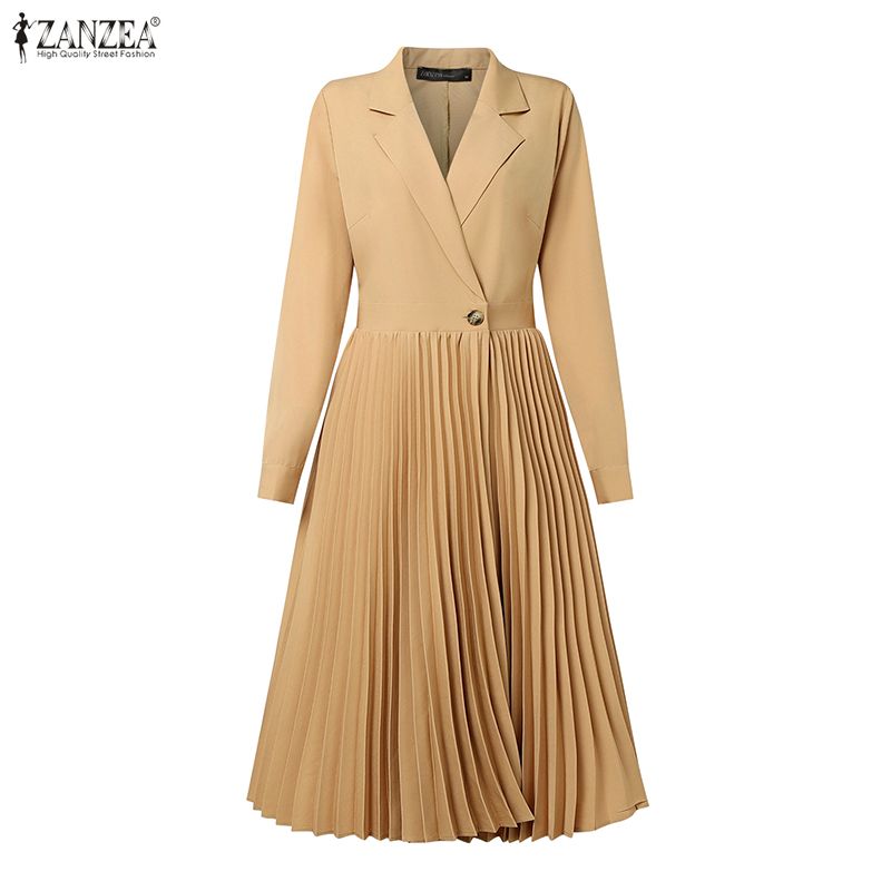 ZANZEA Rochie Casual Femei cu Rever Crestat, Mâneci Lungi Largi, Plisată