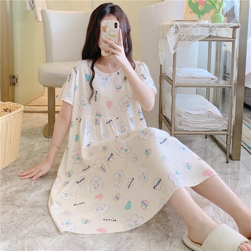 Cotton and Silk Nightgown Women's Summer Short-sleeved Large-size High-end Printed Maternity Pajamas Can Be Worn Outside Long Loungewear