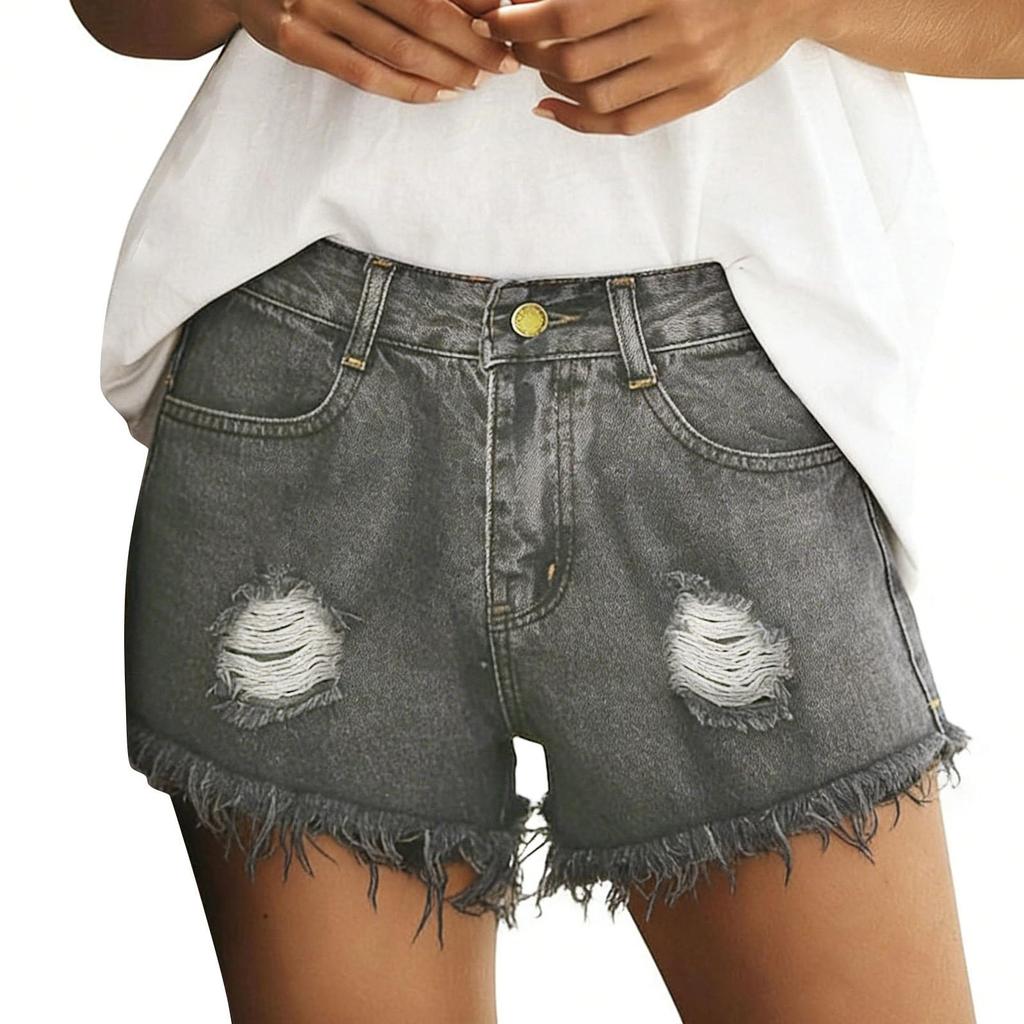 Women's Solid Denim Shorts High Waist Casual Jean Shorts with Frayed Hem and Distressed Detail Non-Stretch Fabric Summer Bottoms