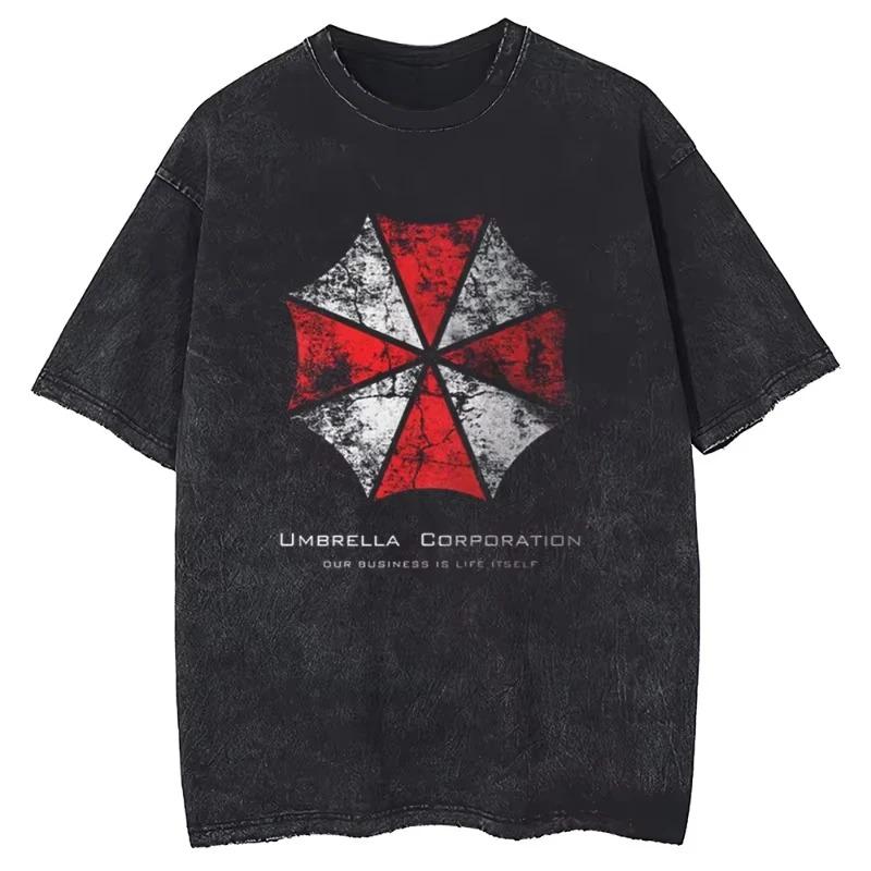 T-shirt Oversize a Manica Corta Lavata Vintage con Raffigurazione di Jill Valentine, Nemesis da Resident Evil 3, Logo Umbrella Corporation Ombrello Rosso