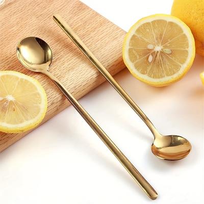 2/4/6pcs Stainless Steel Golden Long Handle Coffee & Dessert Spoons Set, Round Tea Stirring Spoons for Home, Restaurant, and Party Use,