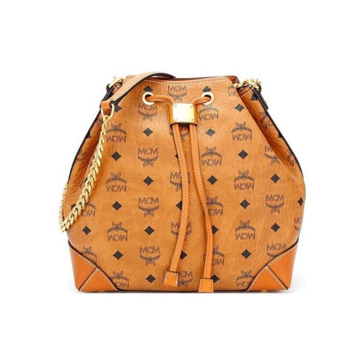New MCM Soft Berlin Visetos Canvas With Leather Bucket Bags Crossbody Bag, Shoulder Bag Women's Brown & Cognac MWDAABF02CO001