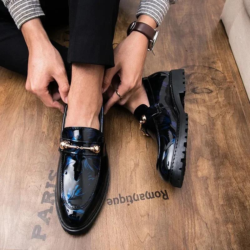 Shiny Leather Shoes for Men Platform Dress Shoes Slip On Men Loafers Party Designer Wedding Footwear Para Hombres