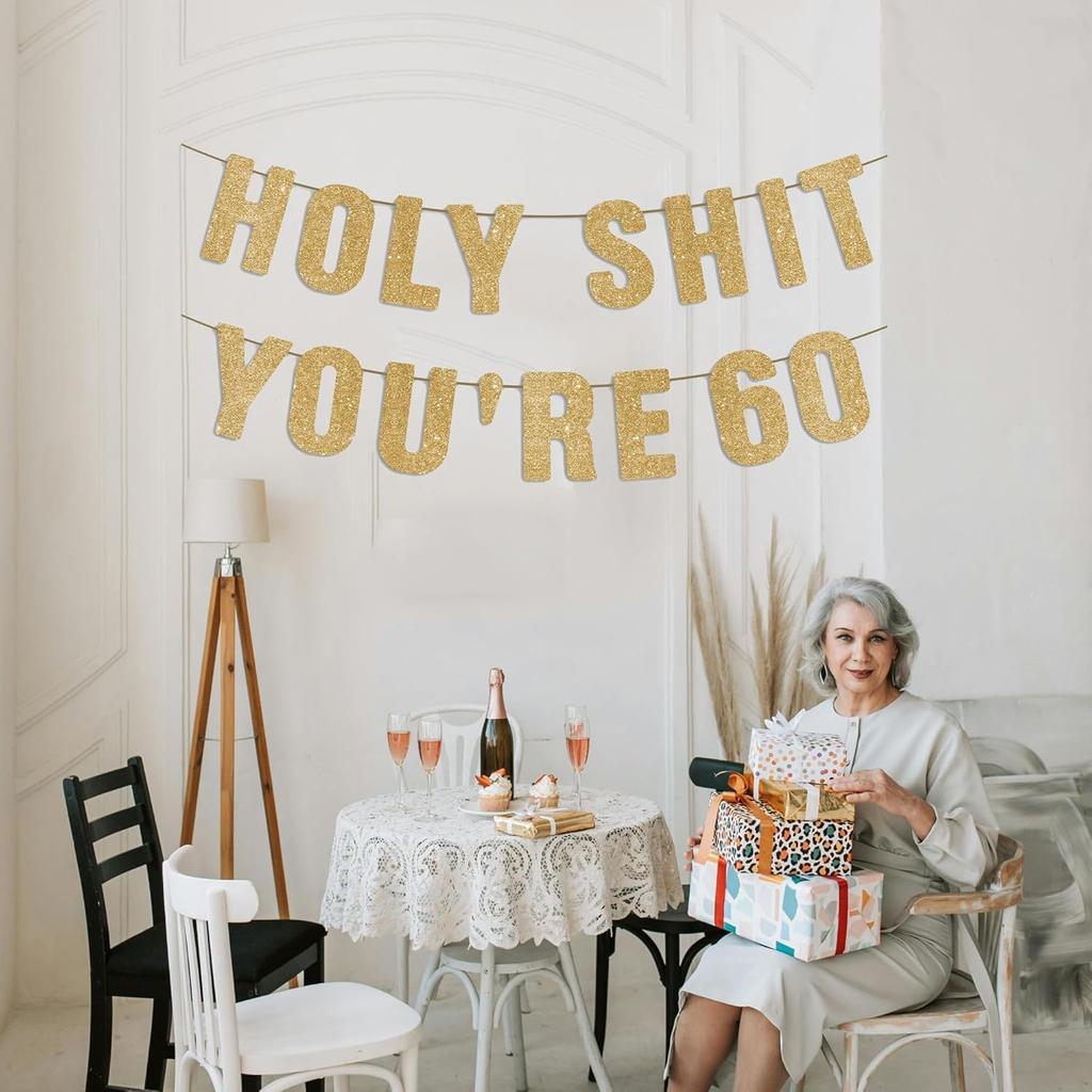 60th Birthday Banner - Gold Glitter, 60th Birthday Decorations for Men, Funny 60 Year Old Party Sign for Him, 60 Party Decor for Women