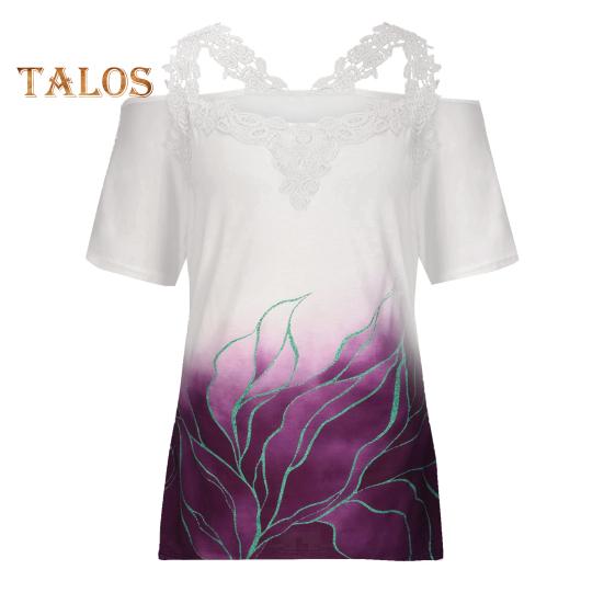 

Женская футболка с V-образным вырезом, кружевом, открытыми плечами, коротким рукавом, повседневные свободные топы с цветочным принтом, официальная летняя футболка L фиолетовый