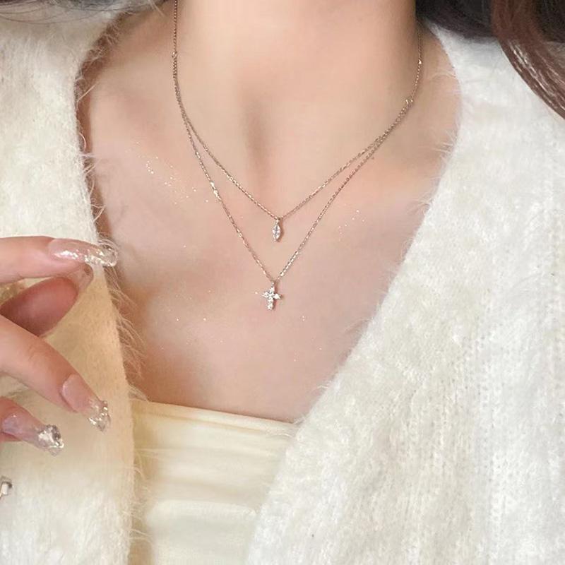 New 925 Sterling Silver Double Layer Cross Necklace Personality Charm Simple Geometric Pendant Choker Women's Exquisite Jewelry