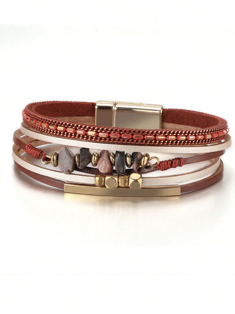 One Piece Europeisk och Amerikansk Stil Natursten Pärlstav Mässingsrör Design Kohudsläder Rep Kvinnor Grön Armband Sommar Strand