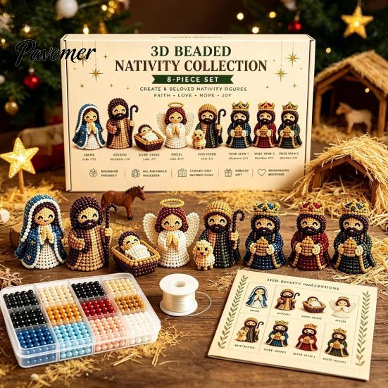 DIY Holiday Crafts for Kids 3D Nativity Bead Craft Kit Christmas Decoration, Beaded Handmade Figures Scene Figurine Set Adults Family, Home