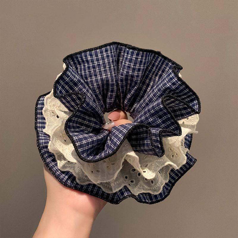 1 Pcs Coffee-Colored Plaid Vintage Lace Scrunchie, Navy Plaid Literary Girl'S Hair Flower High Ponytail Hair Tie Accessory