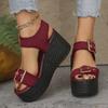 Women's Denim Single Strap Sandals, Platform Buckle Detail Slides, Fashion Beach Slippers with Height Increasing Sole