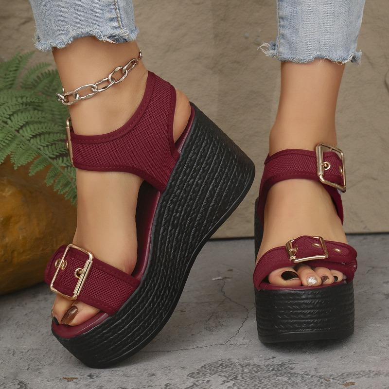 Women's Denim Single Strap Sandals, Platform Buckle Detail Slides, Fashion Beach Slippers with Height Increasing Sole