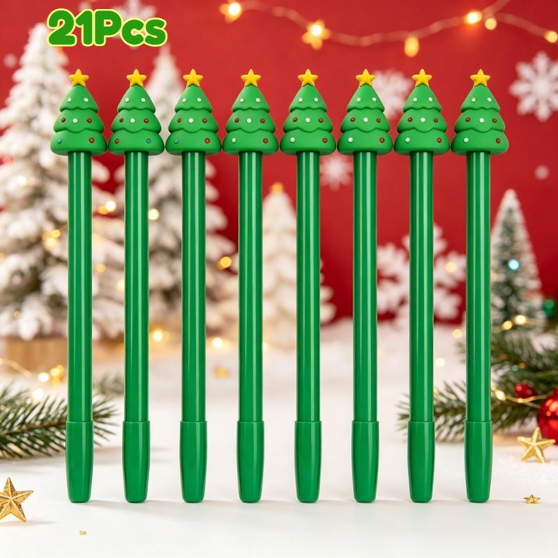 21Pcs Back To School Season Stationery, Cute Christmas Tree Topper Writing Pen for Students, Green Slim Body Decorative Pen, Ideal School Supplies for