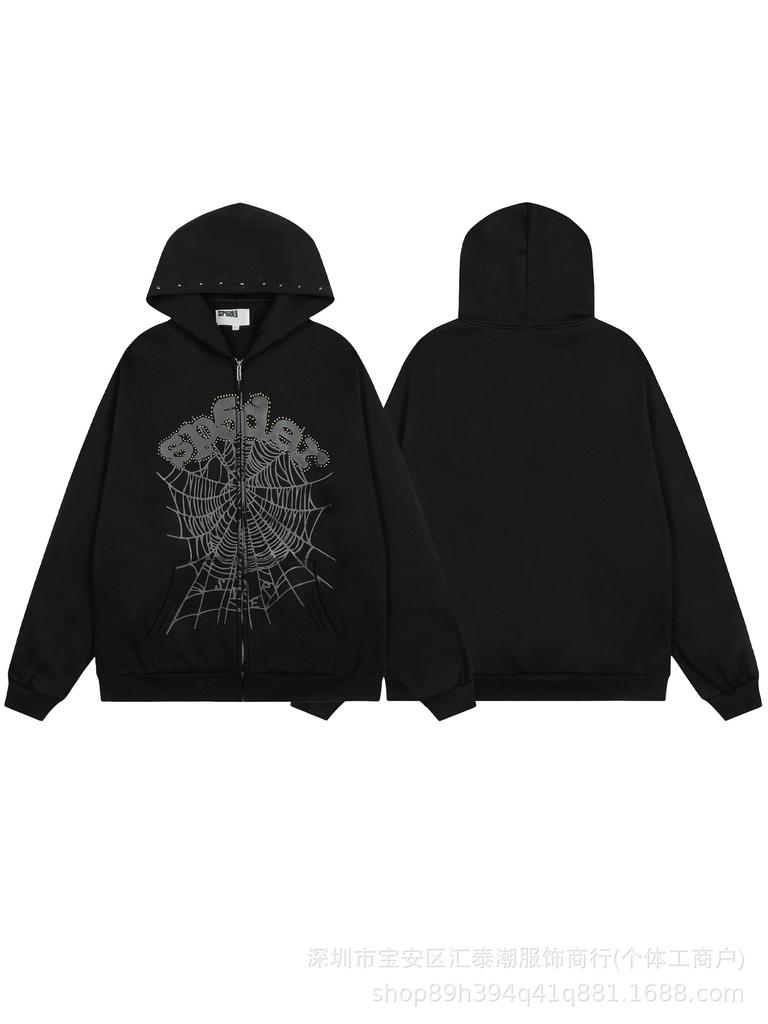 Sp5der555555 Grensoverschrijdend Velours Hoodie Trainingspak Set met Spinnenweb Print