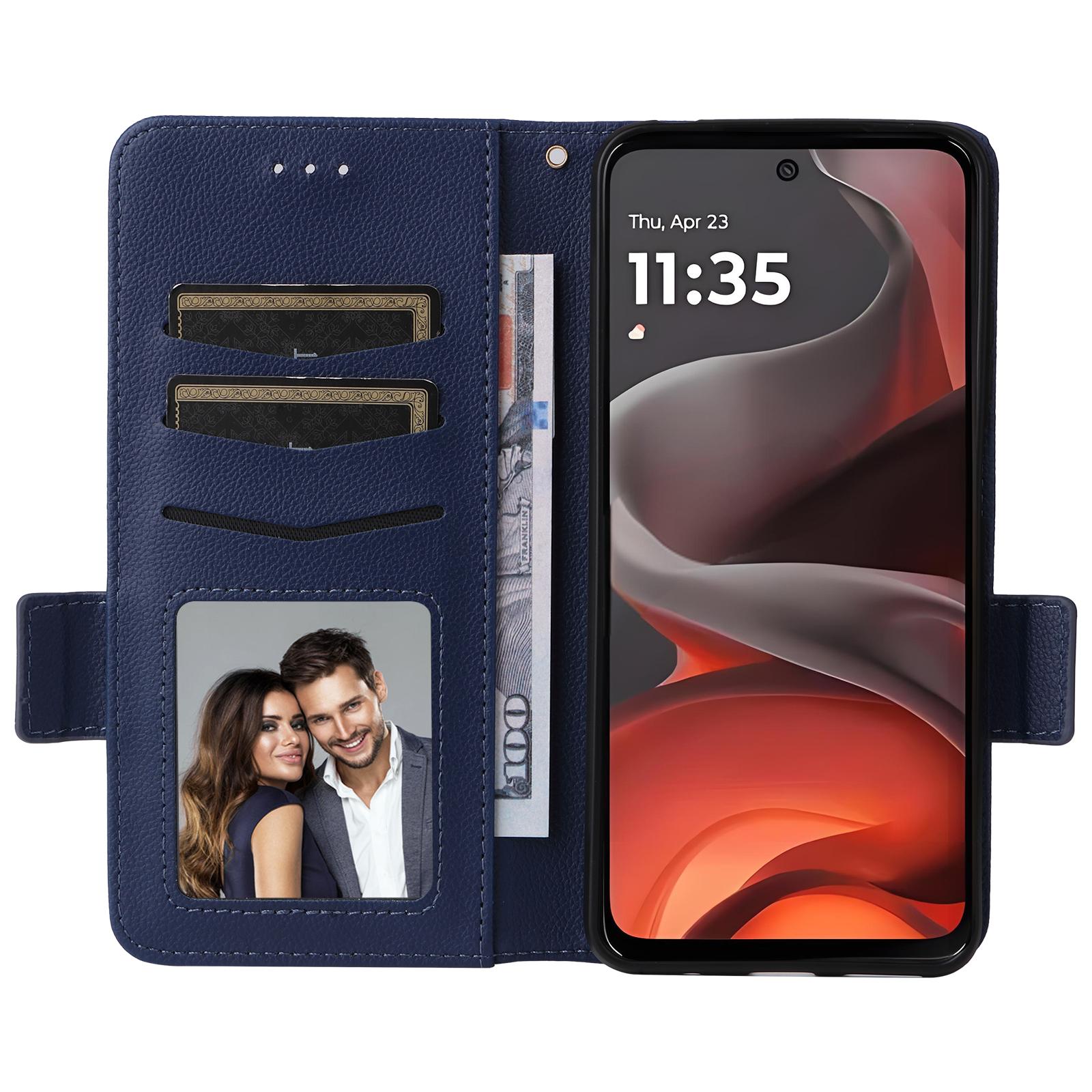 

For Motorola Moto G15 Power 4G/G15 4G Case with Wrist Strap Litchi Texture PU Leather Wallet Phone Cover Dark Blue