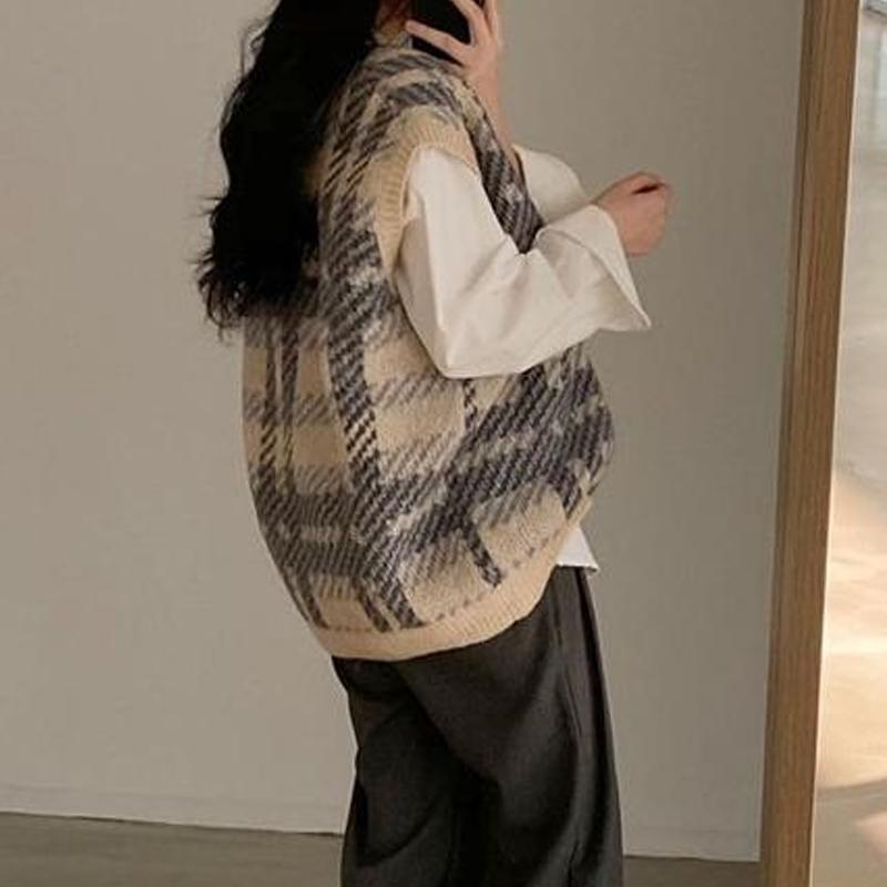 Fashion Plaid Printed V-neck Women Knitted Pullover Sweater Vest Autumn Loose Casual Office Tank Top Sleeveless Simple Waistcoat