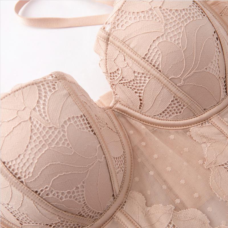 Set reggiseno push up lungo ricamato in pizzo francese Intimo donna sexy Set di reggiseno e mutandine traspiranti con body shaper a lisca di pesce
