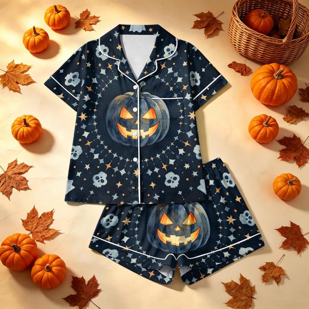 Women's Halloween Printed Pajama Two-Piece Set - Comfortable Sleepwear for Home & Sleep