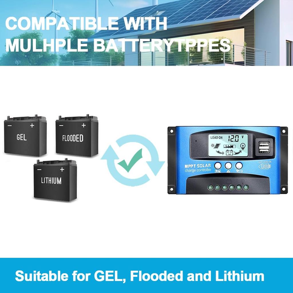 Y&H 60A MPPT Solar Charge Controller 12V/24V Solar Controller with Dual USB, LCD Display, Multiple Protection Functions, Solar Panel Charging, Compati