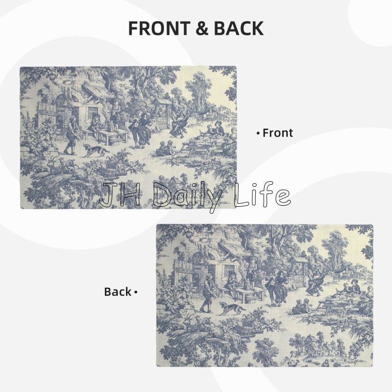 French Toile De Jouy Placemats Sets of 4 Waterproof Heat Resistant Linen Table Mats for Home Party Dining Table Decor 12x18 Inch