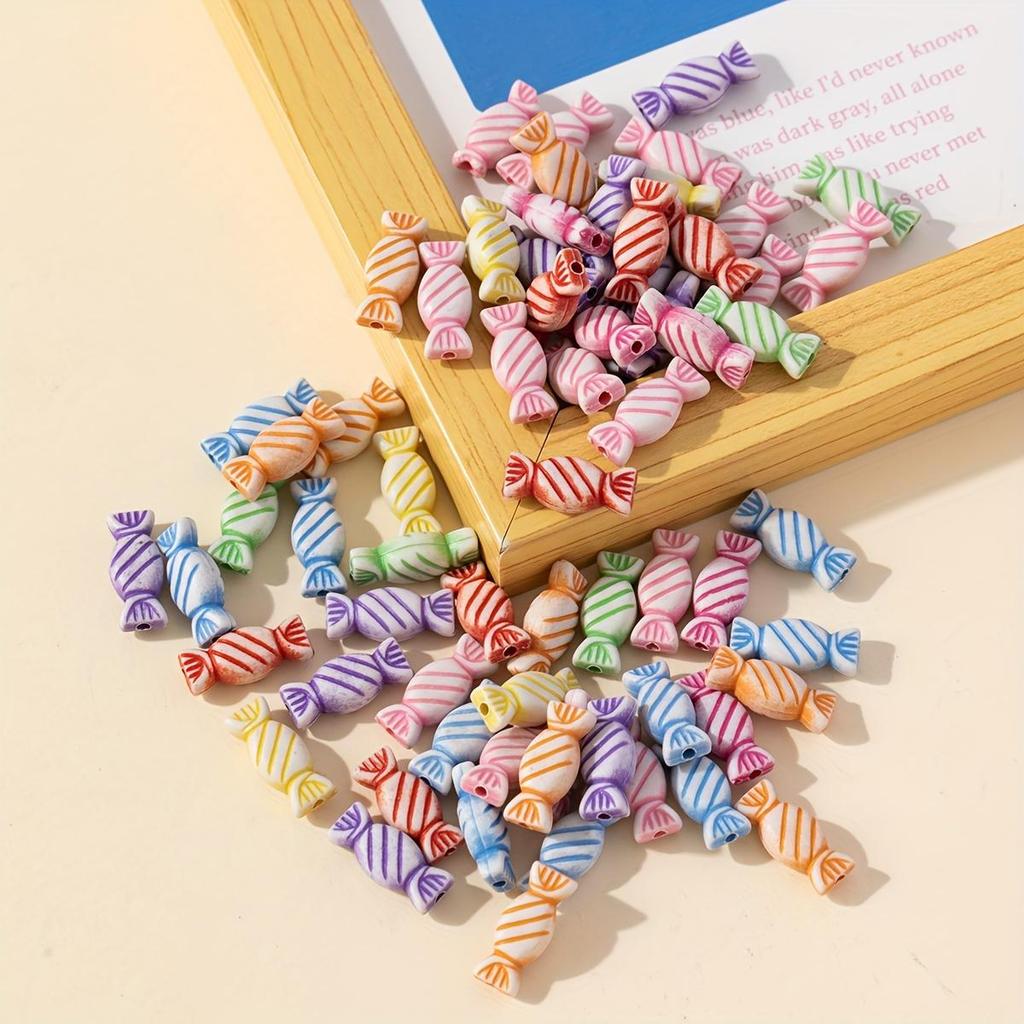 [Acrylic Candy Beads] 50 colorful acrylic candy beads - bright stripes and geometric patterns - suitable for DIY jewelry making,