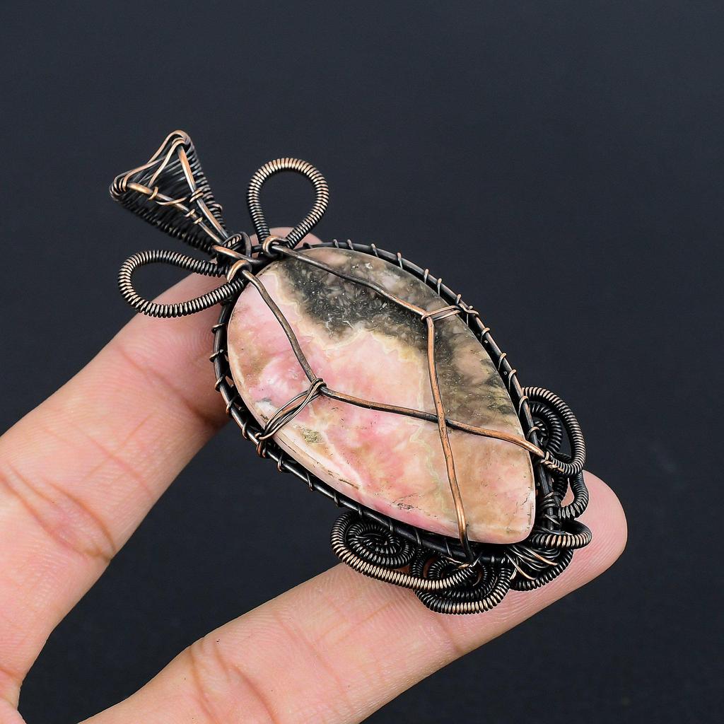 Rhodochrosite Jewelry, 999 Copper Wire Wrapped Pendant, Handmade Gemstone Jewelry Pendant, For Memorial Day