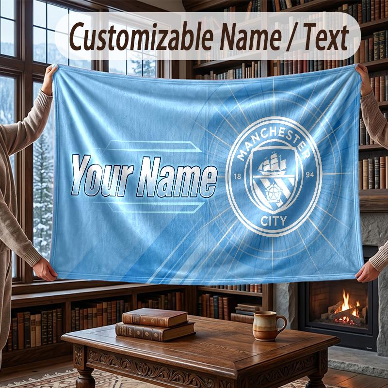 Custom Name Flannel Throw Blanket Manchester City Pattern Warm Home Decoration