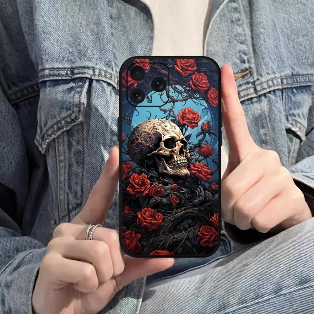 

Роскошный чехол для телефона с черепом и мертвыми цветами для iPhone Mini 11 12 13 14 15 Pro XS Max X Plus SE XR, черный мягкий корпус iPhone12PRO