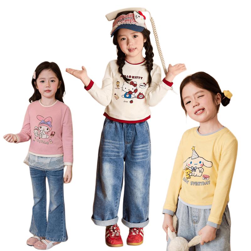 LUSON Girls' Spring Colorblock Cartoon Long-Sleeve T-Shirt