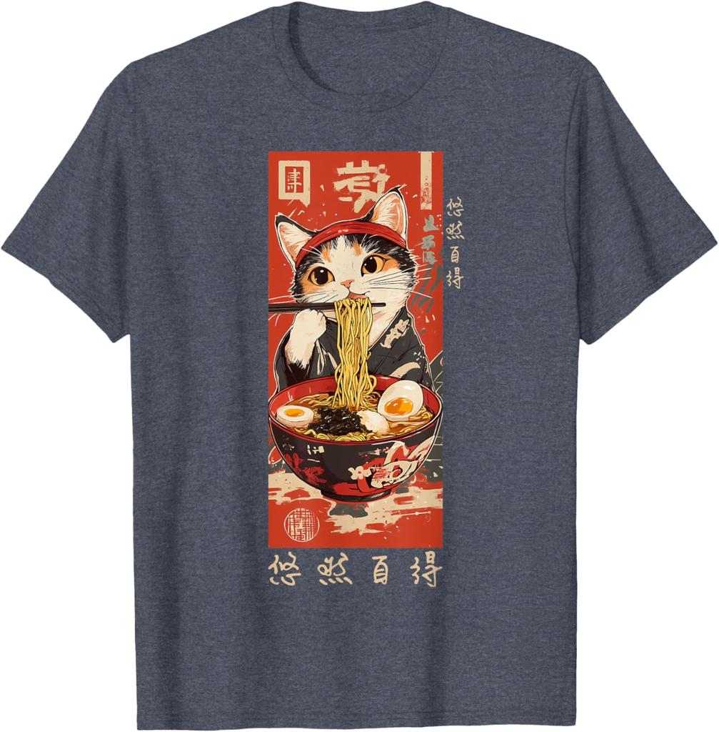 Ramen Cat Eating Noodles Japanese Ukiyoe Style Graphic Tee Casual Cotton TShirt for Men