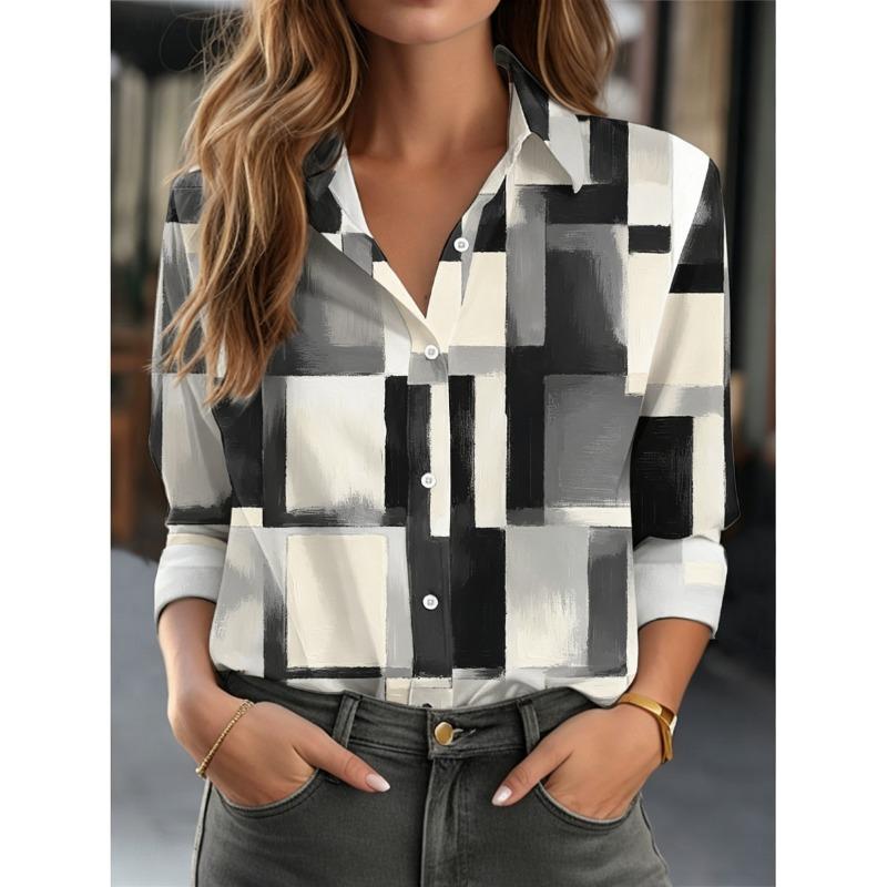 Women's Lapel Long Sleeve Geometric Print Button-Up Shirt, Stylish Casual Regular Tops for Spring Summer Daily Office Wear