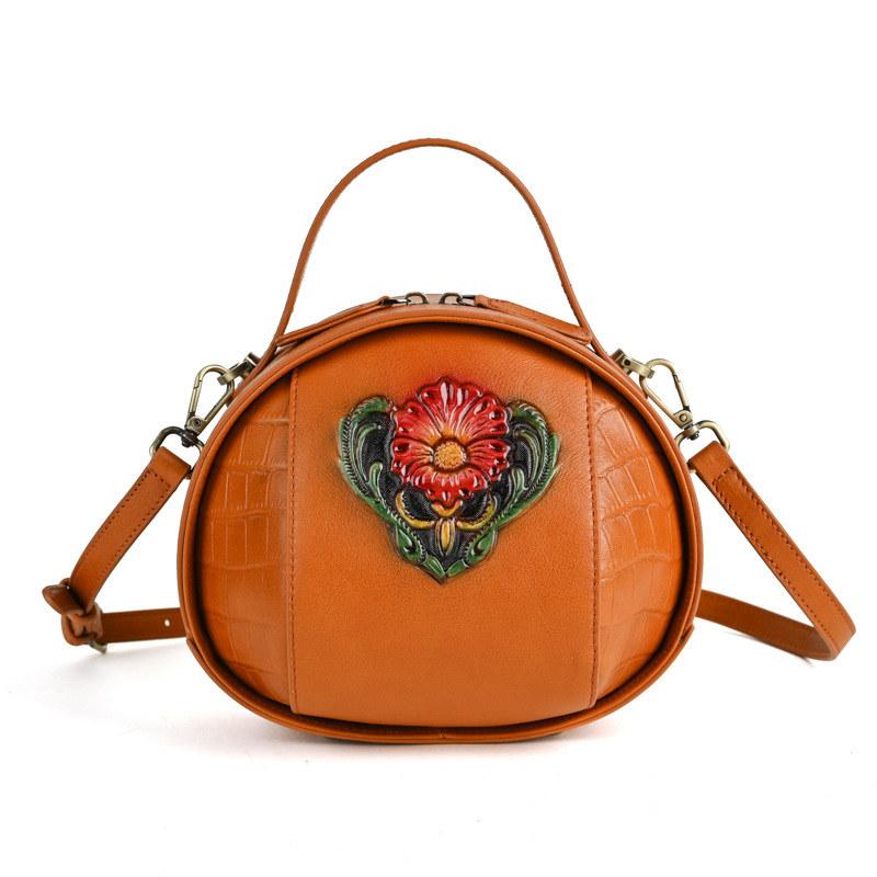 Genuine Leather Flower Embossing Shoulder Bags for Women Ladies Top Layer Cowhide Crossbody Bag Vintage Design Handbags