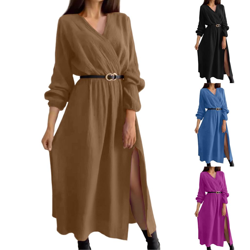 Women's Fashion Casual Flared Dress Long Sleeve Solid Color Dress