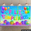 Bright Feliz Cumpleaños Tapestry, 2D Flat Printed with Multicolor Balloons and Gift Boxes for Photo Booth