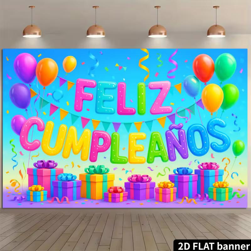 Bright Feliz Cumpleaños Tapestry, 2D Flat Printed with Multicolor Balloons and Gift Boxes for Photo Booth