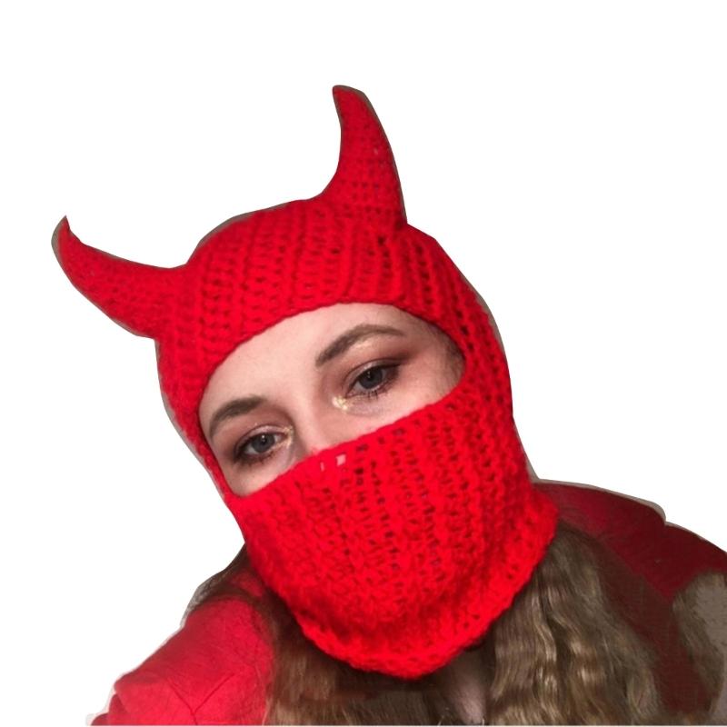 Novelty Devil Horn Face Cover Hat Knit Balaclava Cap for Women Men Winter Warm Hat Adult Halloween Costume Role Play Cap