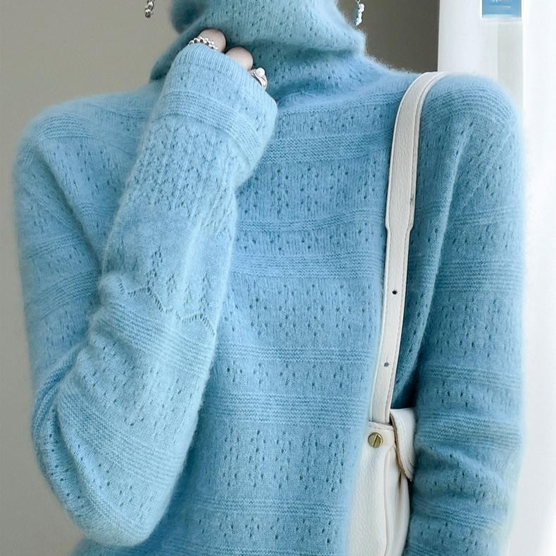 For Autumn and Winter Piled Turtleneck Sweaters Trendy Cut-out Knitted Sweaters for Women and Solid-color Casual Pullovers