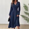 Women's Fashion Casual Solid Color V-neck Twisted Long-sleeve Dress