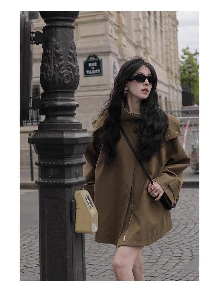 Women's British-Style Hooded Trench Coat: Autumn/Winter, Plus Size, Versatile, Trendy Loose-Fit Cape Design.