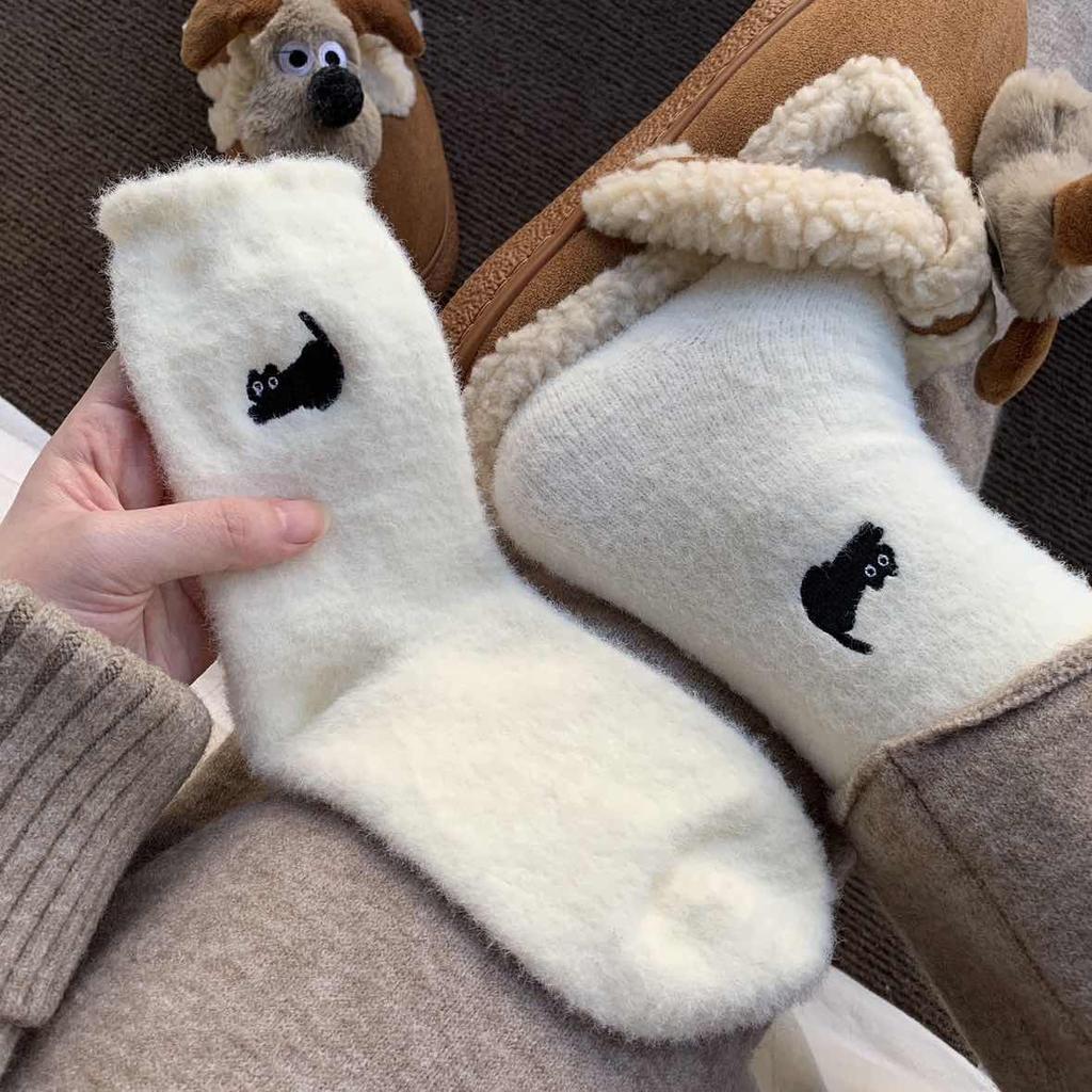 1/3pairs Cute Cat Patterned Thickened Mid-Calf Socks Autumn Winter Warm Mink Coral Velvet Homewear Sleep Floor Soft Sock Sox