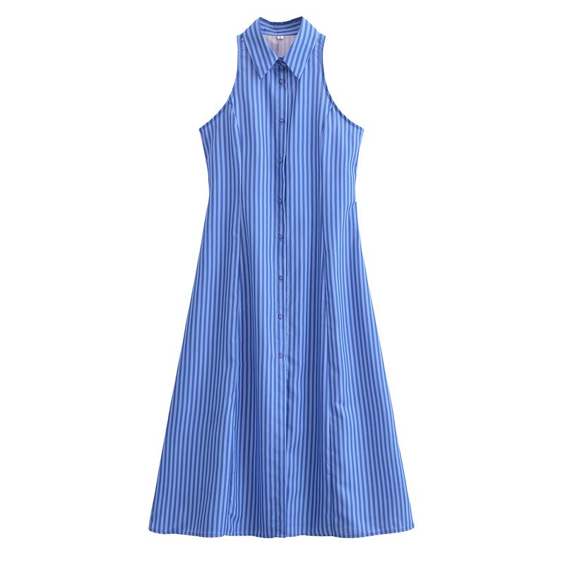

Kaslead New Arrival Women s Clothing Fashion Style Fashion Minimalist Stripes Shirt Collar Sleeveless Shoelace Dress Royal Blue L