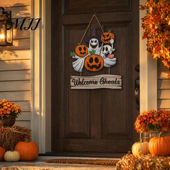Thick Wood Halloween Plaque Happy Door Sign for Front Door, Wooden Ghost Pumpkin Hanging Hanger Plaque, Spooky Welcome Wreath Tree, Wall, Party