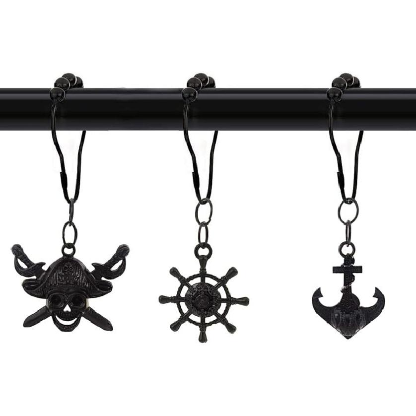 Морские крючки для шторки для душа, Серебряные кольца для штор из нержавеющей стали, устойчивые к ржавчине, Декоративный набор из 12 крючков для шторки для душа с рулем, якорем, пиратом чёрный