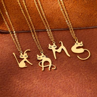 Stainless Steel Initial Letter Cat Pendant Necklace for Women Gold Color Animal Alphabet Necklaces Charm Fashion Jewelry Gifts