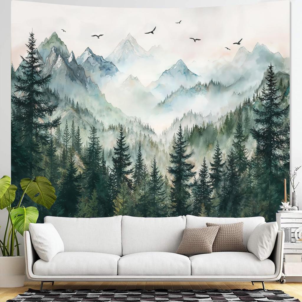 VIKAMA Natural Pine Tapestry Watercolour Mist Forest Bird Landscape Tapestry Living Room Dormitory Wall Hanging Home Decor