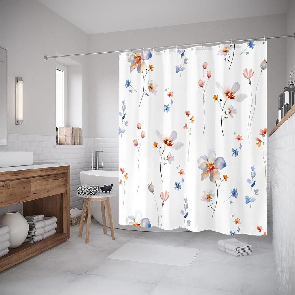 Amm Watercolor Floral Shower Curtain Pink Coral White Flower Shower Curtains For Bathroom Modern Simple Cute Herb Plant Leaf Wat