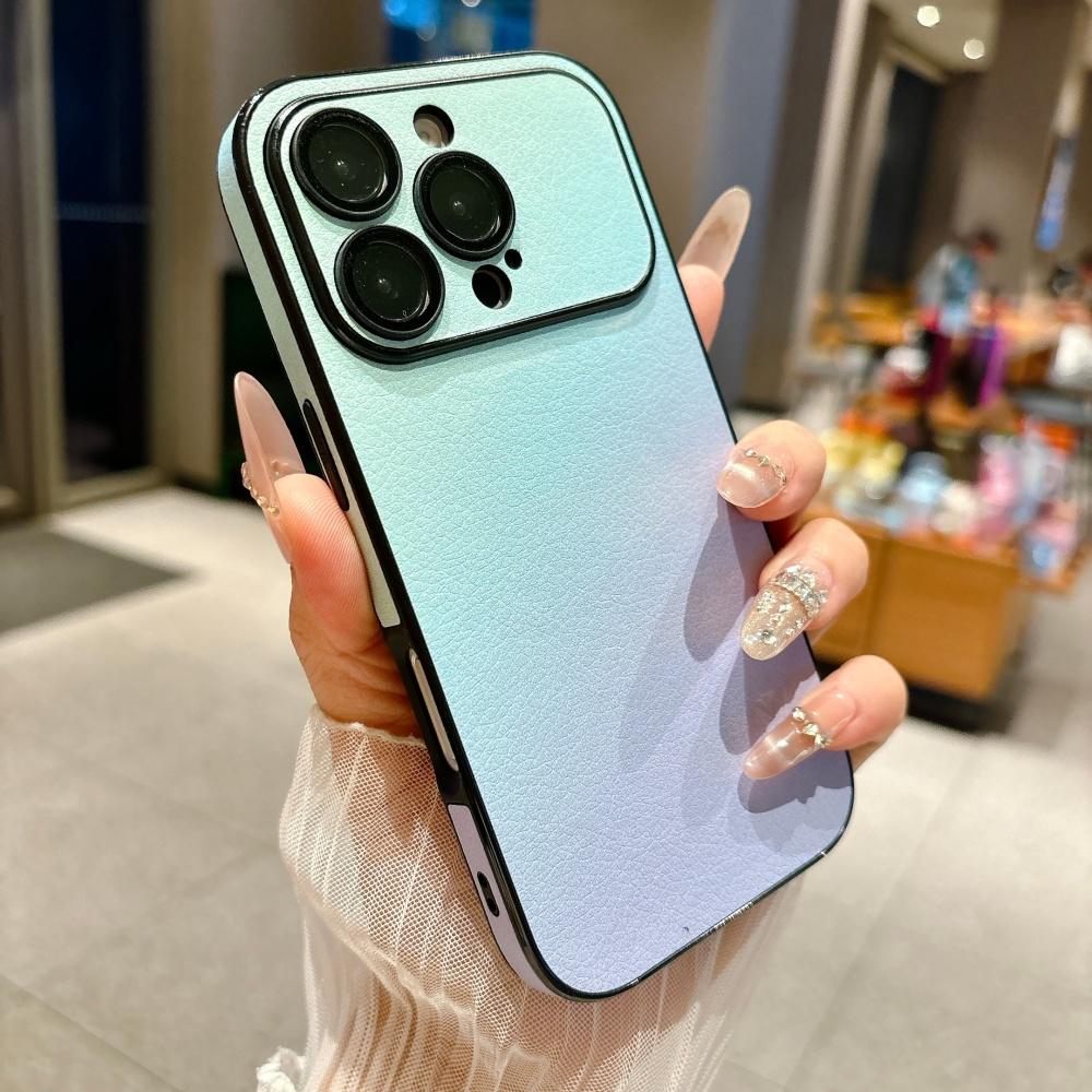 

Fashion Gradient Color Leather Texture Phone Case For iPhone 17 16 15 14 Plus 13 Pro Max Lens Film Matte Bumper Shockproof Cover iPhone17