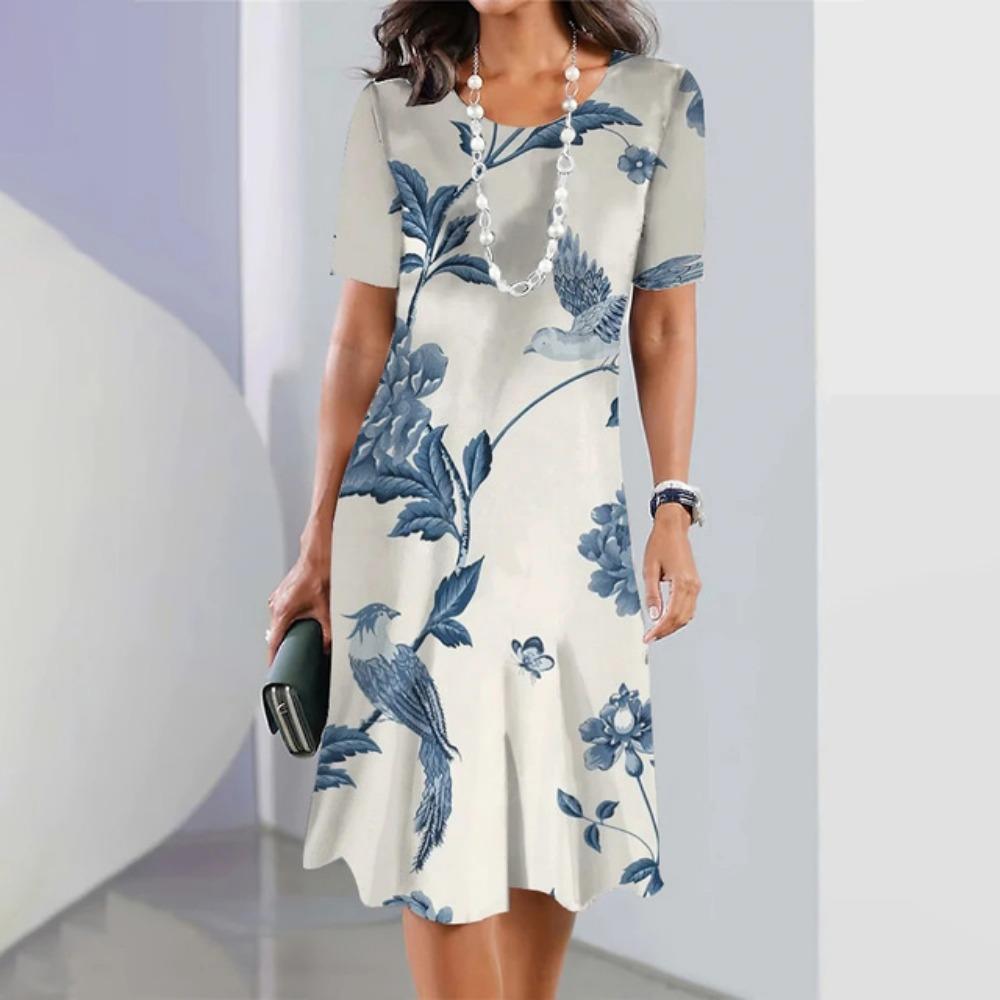 2025 Sommerurlaub Kleid mit Knitterblumenmuster elegant kurzärmlig O-Ausschnitt Kleidung Streetwear lockeres Kleid