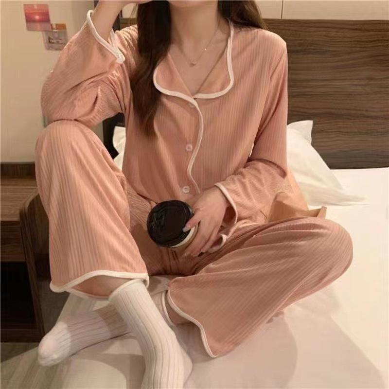 Pigiama Set Loungewear Maniche Lunghe Pantaloni Primavera Autunno da Donna Semplice Bordo Arricciato Largo Studentesca Tuta Larga