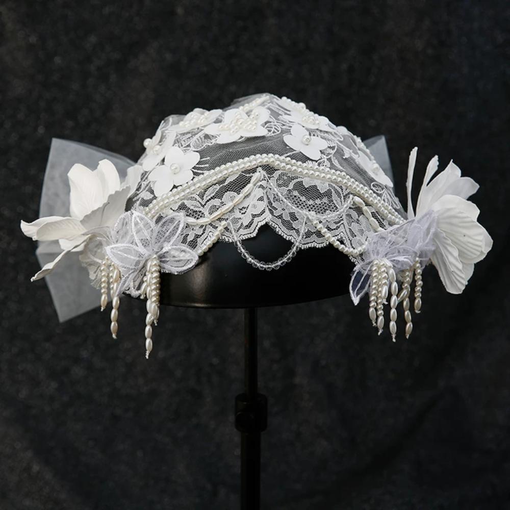 White Bride Headdress Pearls Beads Wedding Headwear Retro Bridal Hat  Headpieces